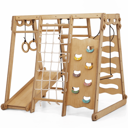 6in1 Indoor-Spielplatz aus Holz für Kinder – Schaukel, Rutsche, Seil und Treppe