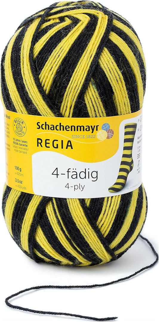 REGIA 4-fädig Color 9801269-05391 schwarz/gelb Handstrickgarn, Sockengarn, 100g Knäuel