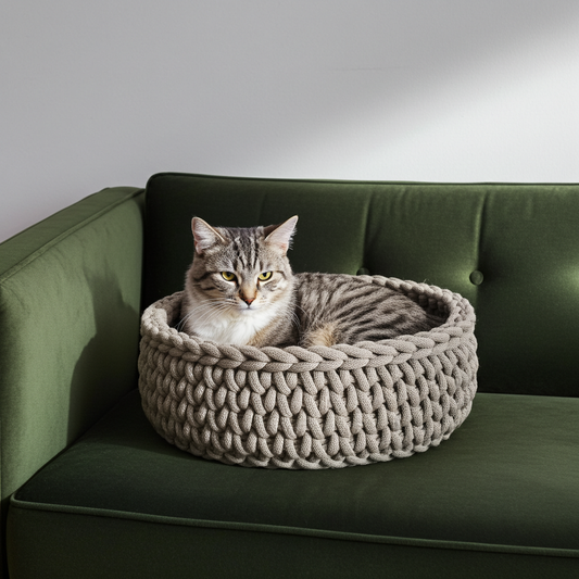 Katzenkorb Katzenbett Hundekorb Kitten Welpen aus 100% recycelten Baumwollgarn gehäkelt