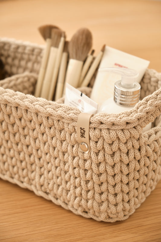 Storage basket organizer utensil basket rectangular Crocheted from recycled cotton with compartments and handles on request