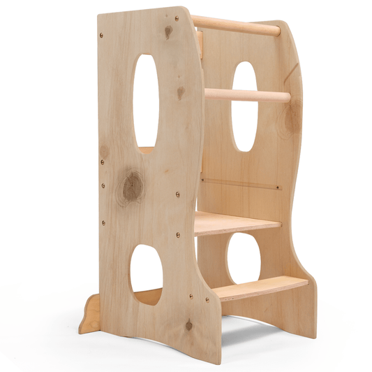 Stabiler Montessori Lernturm: Mitwachsender Kinderstuhl aus Holz – Beige