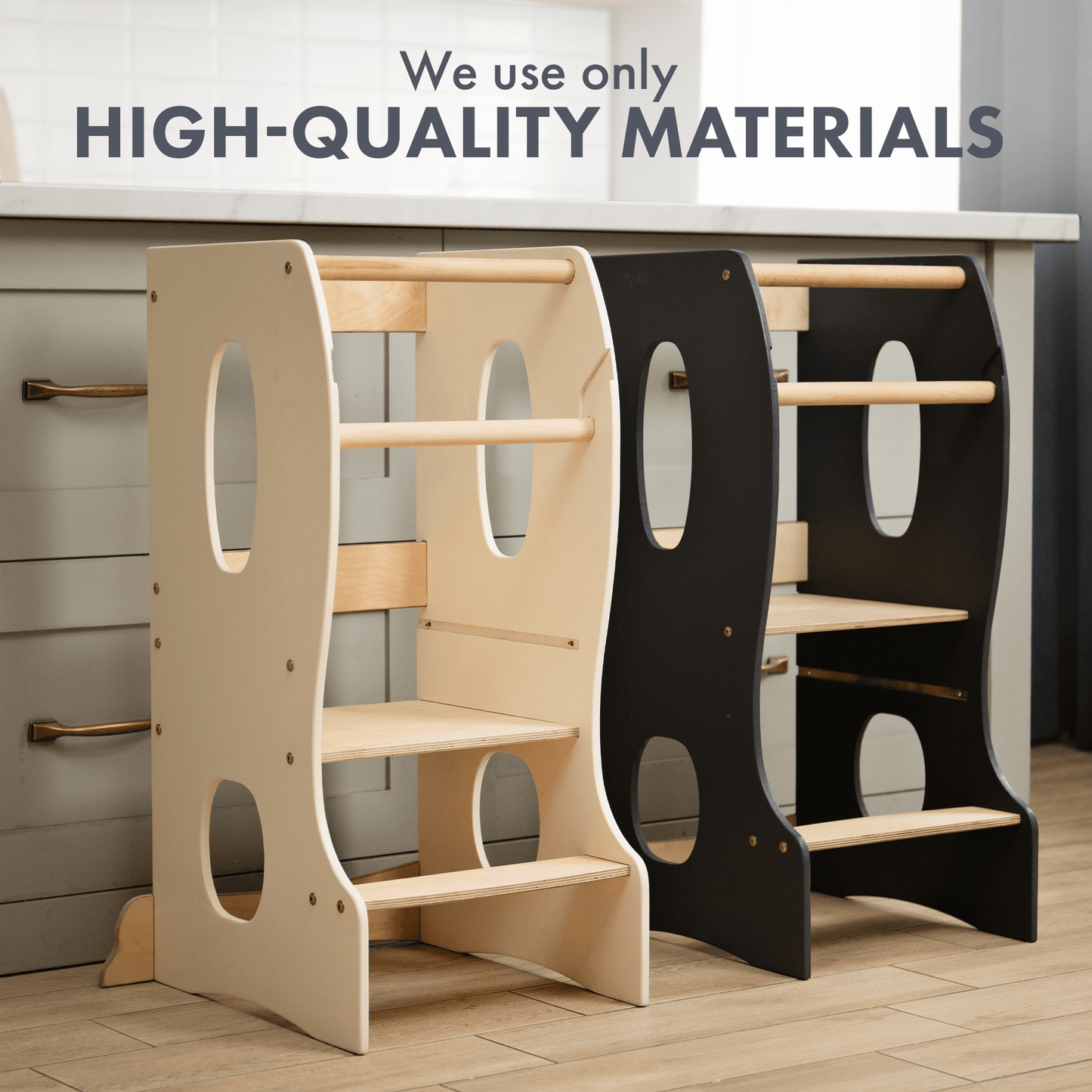 Stabiler Montessori Lernturm: Mitwachsender Kinderstuhl aus Holz – Elfenbein