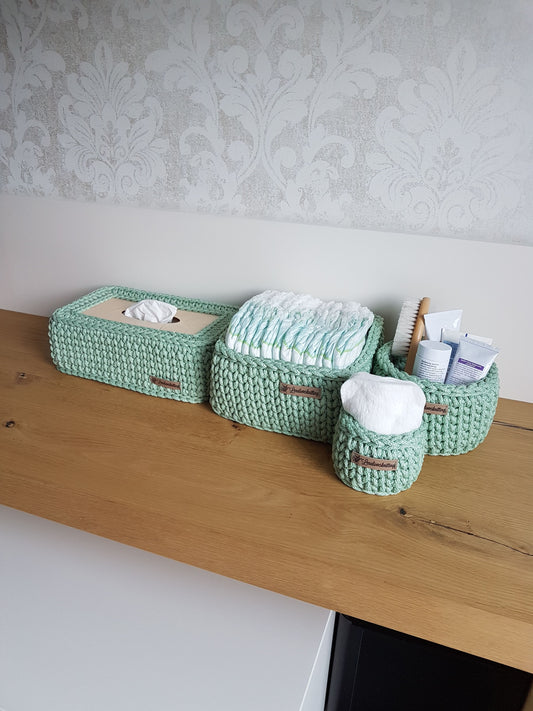 Häkel-Körbchen-Set mit Taschentücher-Box aus Öko-Tex Baumwolle