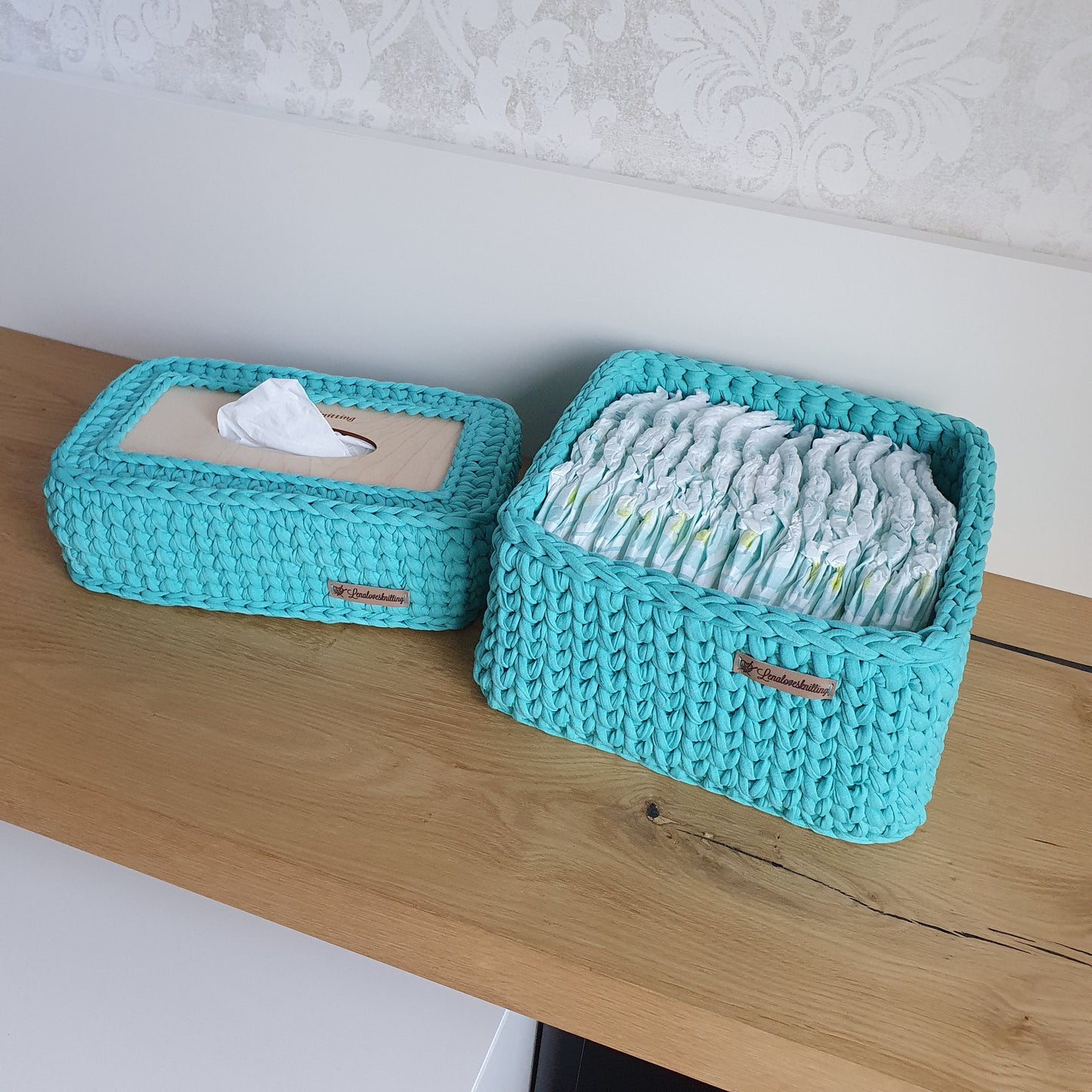 Häkel-Körbchen-Set mit Taschentücher-Box aus Öko-Tex Baumwolle