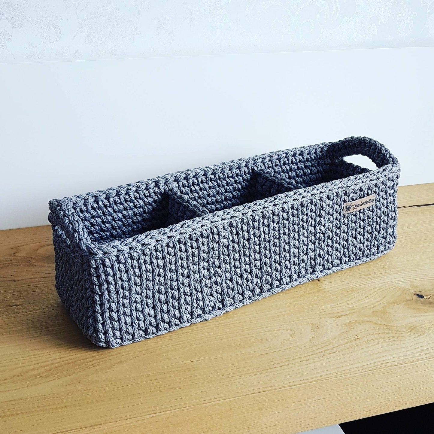Aufbewahrungskorb Organizer Utensilienkorb rechteckig Gehäkelt aus recycelten Baumwolle auf Wunsch mit Fächern und Henkeln