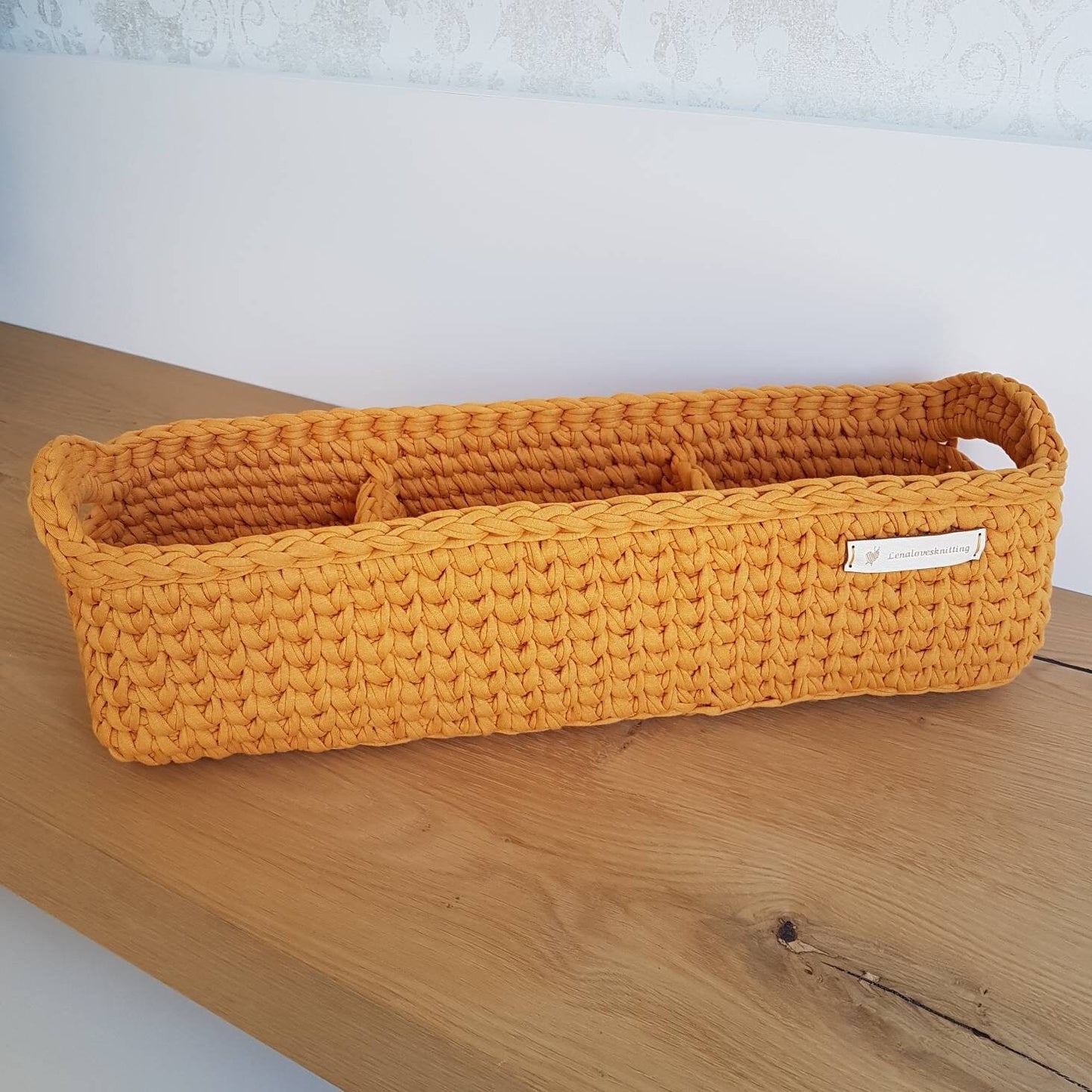 Aufbewahrungskorb Organizer Utensilienkorb rechteckig Gehäkelt aus recycelten Baumwolle auf Wunsch mit Fächern und Henkeln