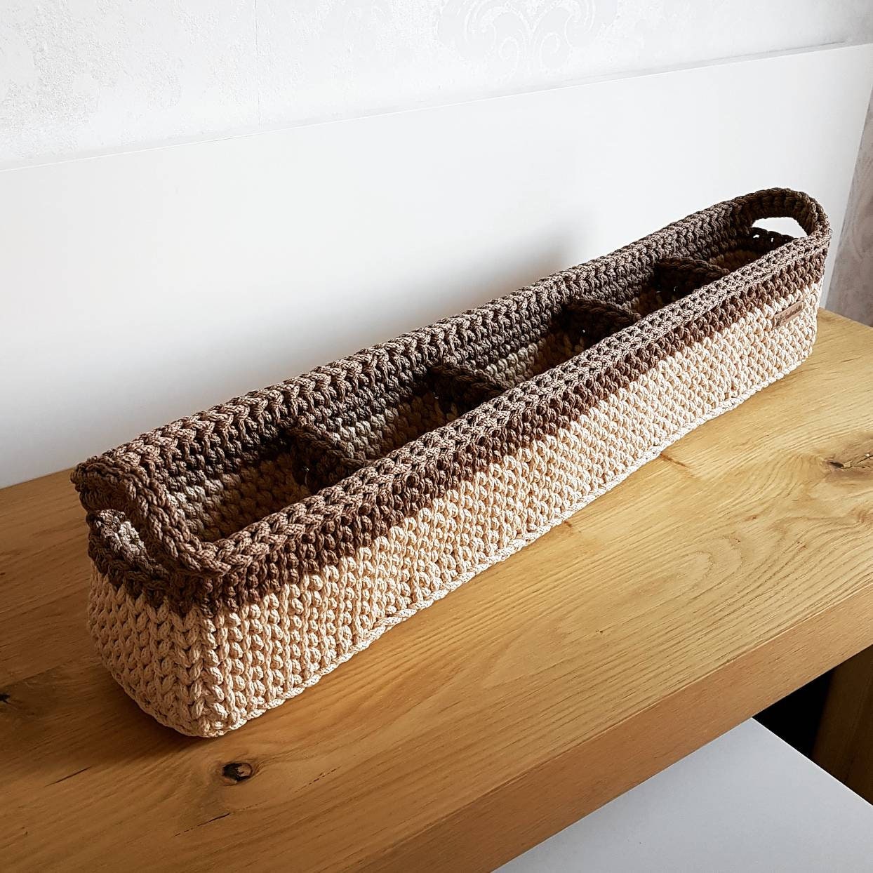 Aufbewahrungskorb Organizer Utensilienkorb rechteckig Gehäkelt aus recycelten Baumwolle auf Wunsch mit Fächern und Henkeln