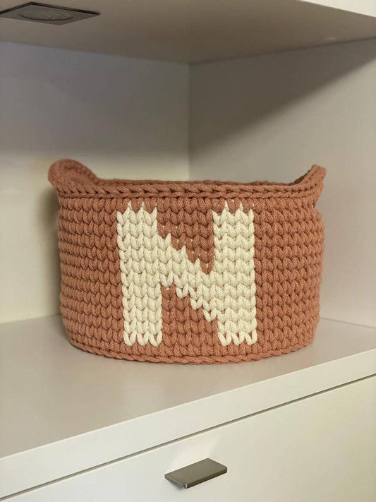 Cesta Utensilo personalizada con asa tejida a ganchillo con hilo textil reciclado