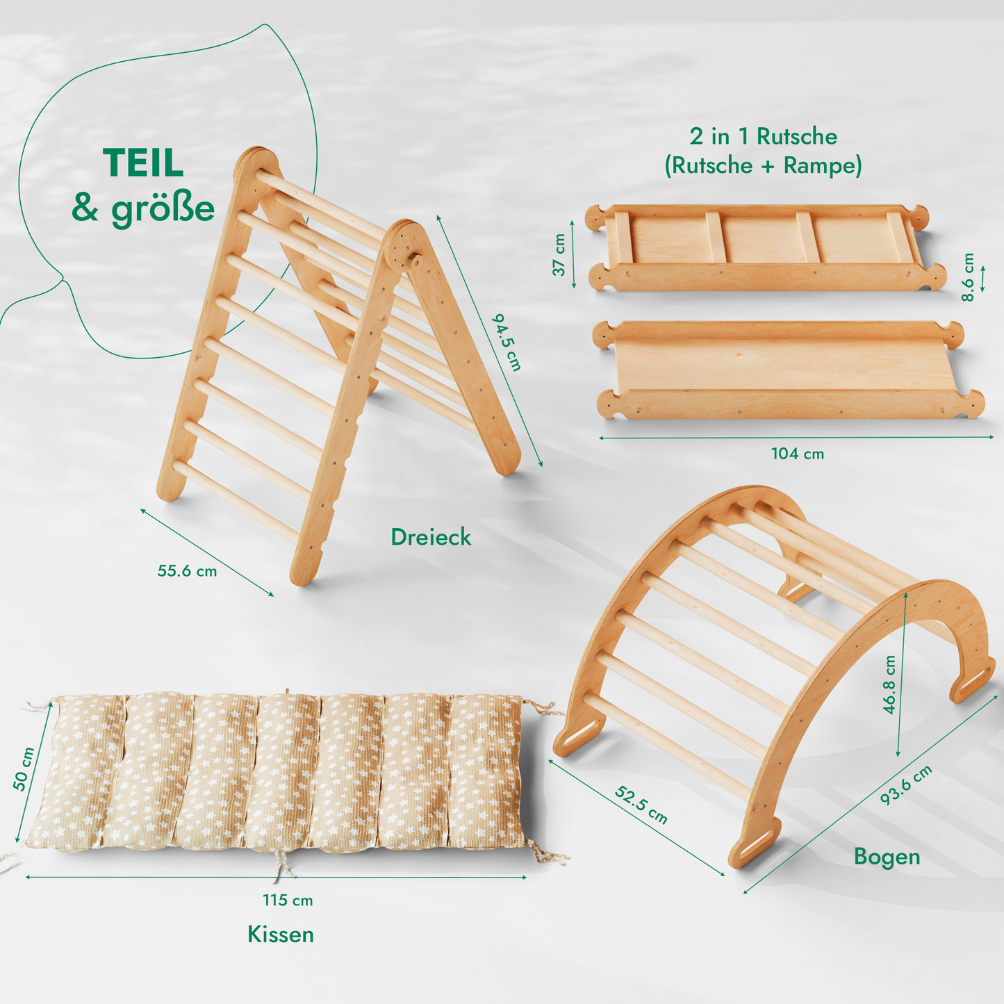 4in1 Montessori Klettergerüst Set: Kletterdreieck mit Rutsche, Kletterbogen mit Kissen, für Kinder 1-7 Jahre – Beige