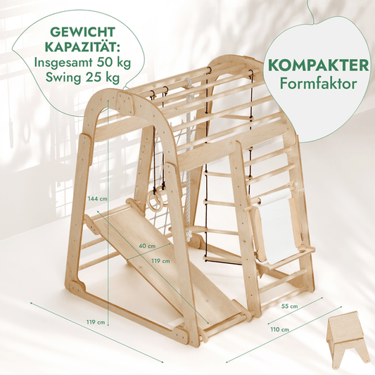 8in1 Indoor Spielplatz: Klettergerüst mit Kletternetz, Rutsche, Gymnastikringe, Hängende Leiter, Disc-Schaukel, Maltafel und Kinderstuhl – Beige
