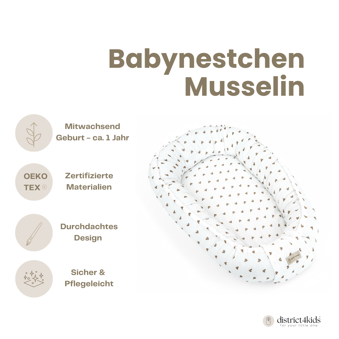 Babynestchen Musselin Herzen braun – Weicher mitwachsender Baby-Kokon