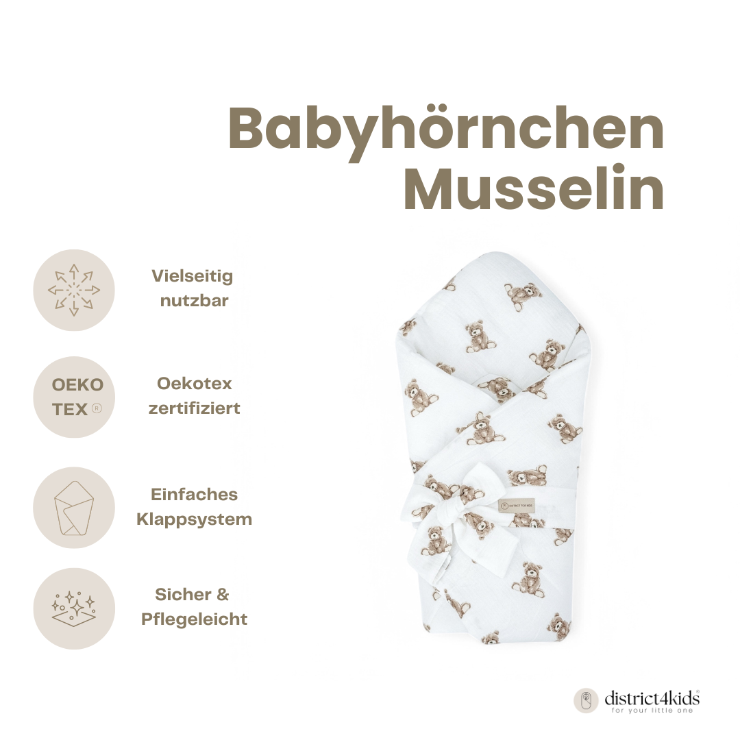 Babyhörnchen Musselin mit Schleife – Puckdecke & Einschlagdecke Muster Teddybär