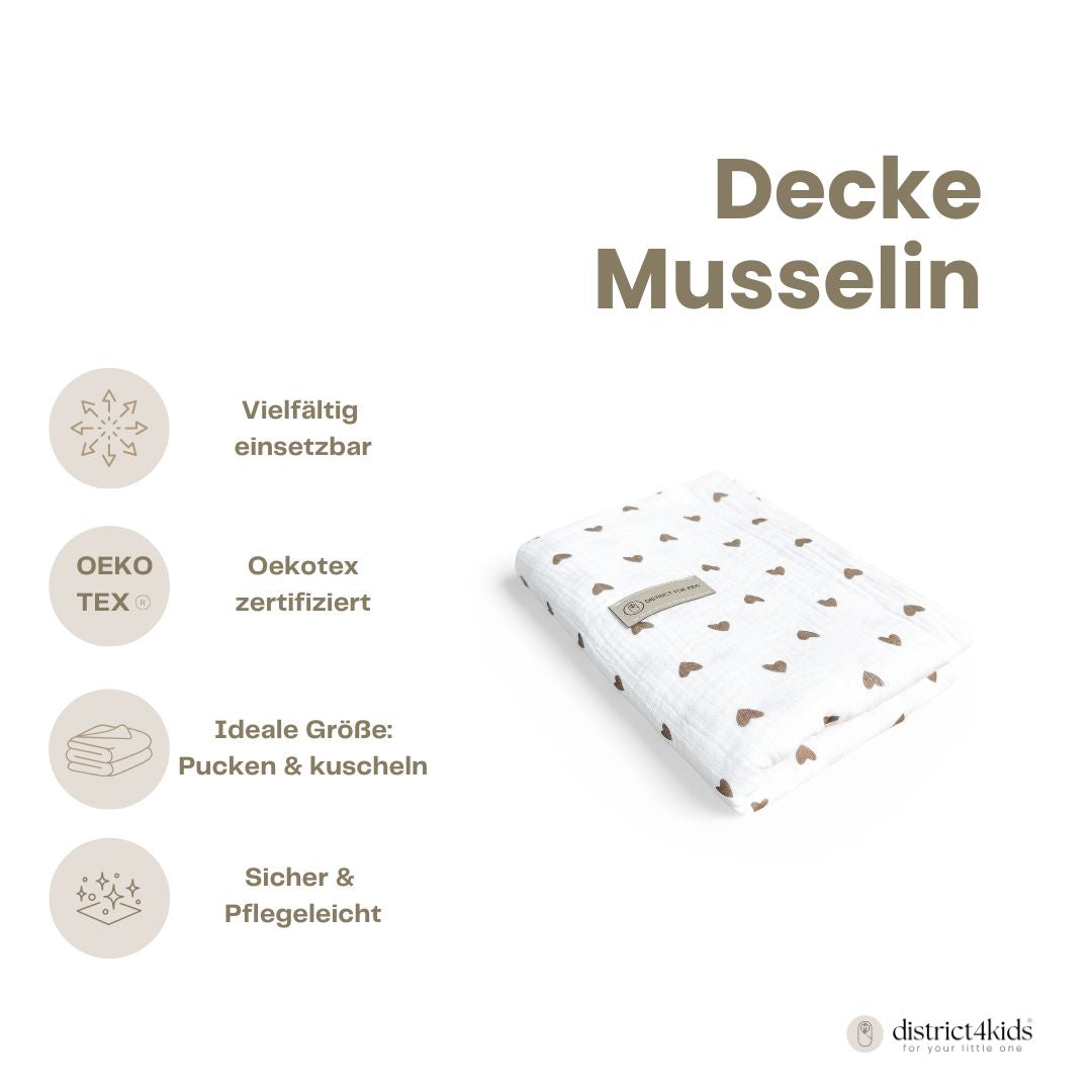 Decke Musselin Herzen braun - Mulltuch, Schmuse- & Puckdecke