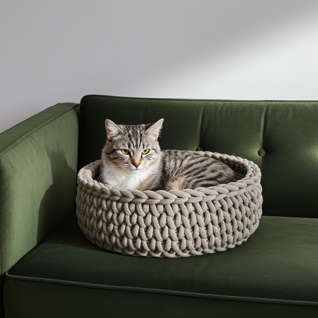 Katzenkorb Katzenbett Hundekorb Kitten Welpen aus 100% recycelten Baumwollgarn gehäkelt