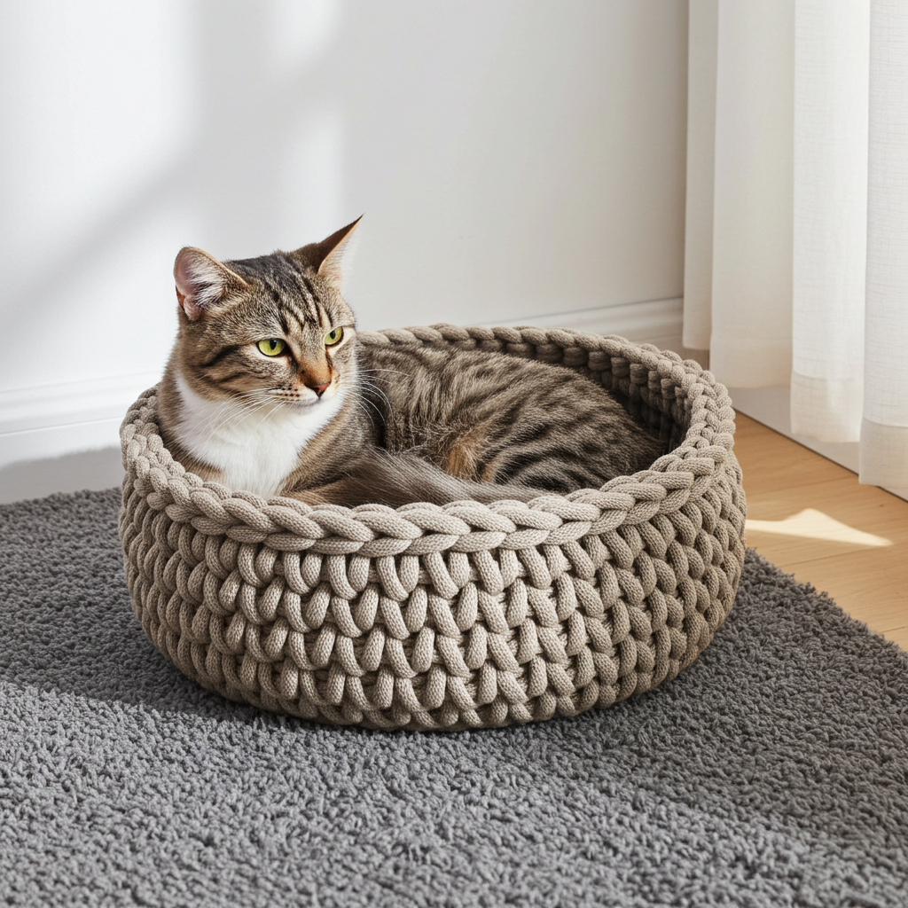 Katzenkorb Katzenbett Hundekorb Kitten Welpen aus 100% recycelten Baumwollgarn gehäkelt