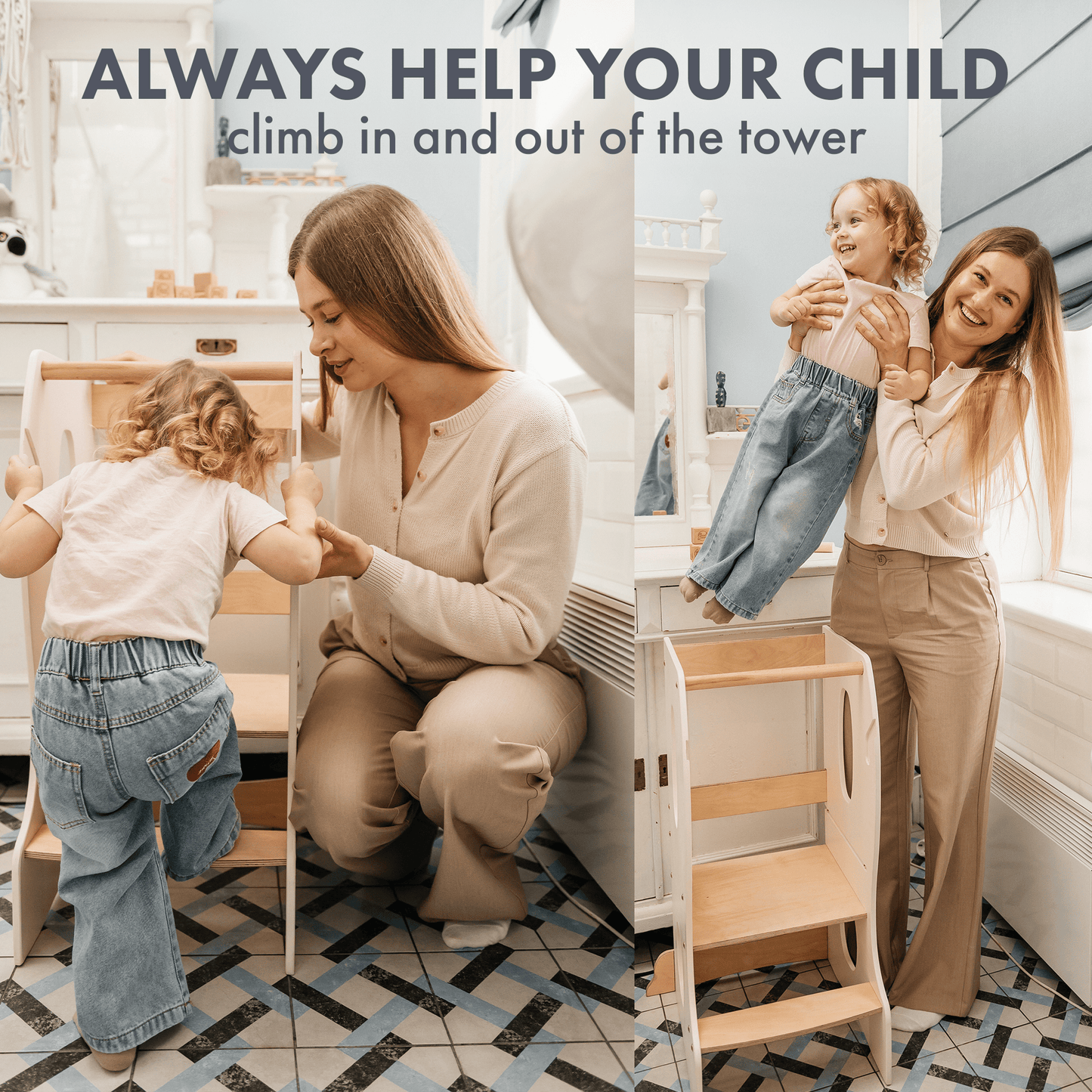 Stabiler Montessori Lernturm: Mitwachsender Kinderstuhl aus Holz – Elfenbein