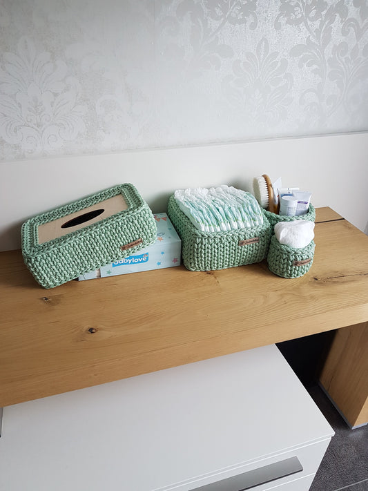 Häkel-Körbchen-Set mit Taschentücher-Box aus Öko-Tex Baumwolle