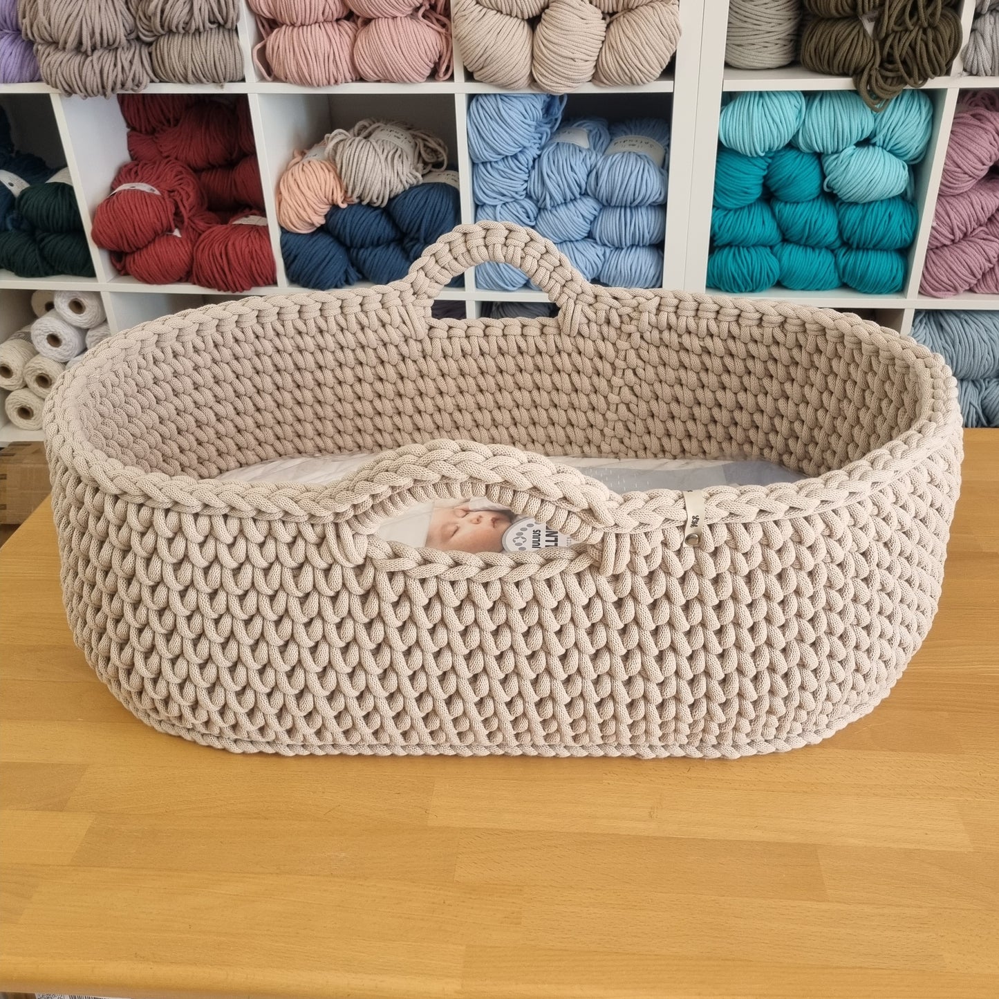 Moses basket baby cradle crocheted from Oeko-Tex cotton