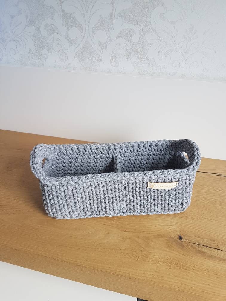 Storage basket organizer utensil basket rectangular Crocheted from recycled cotton with compartments and handles on request