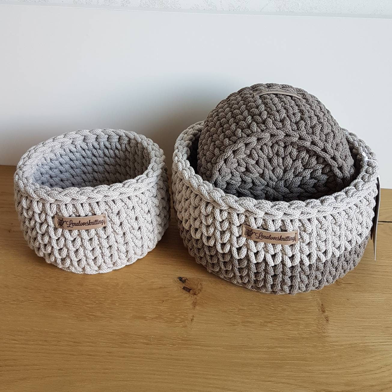 baby gift – cotton shower Set idea 3 crocheted cord baskets from lenalovesknitting of