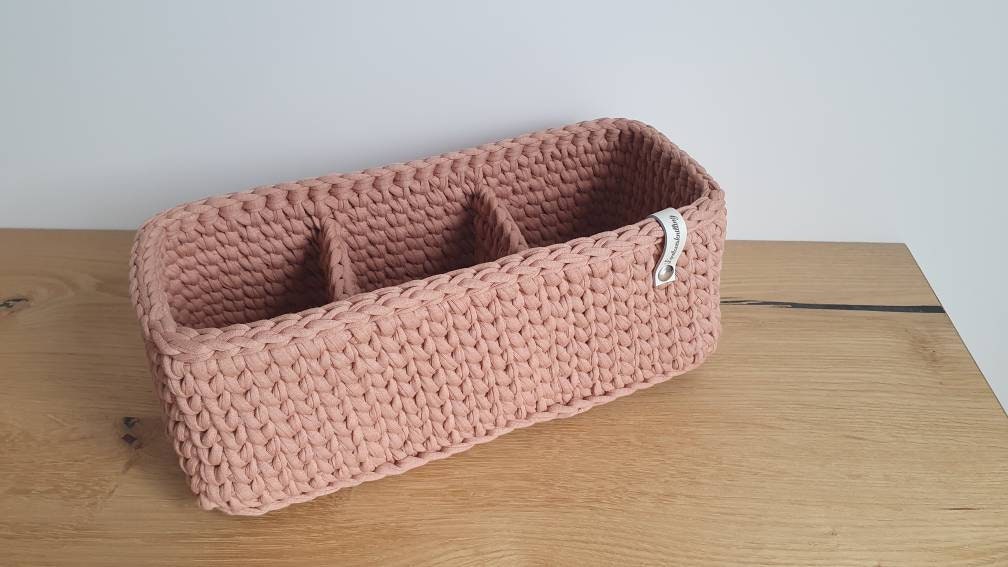 Storage basket organizer utensil basket rectangular Crocheted from recycled cotton with compartments and handles on request